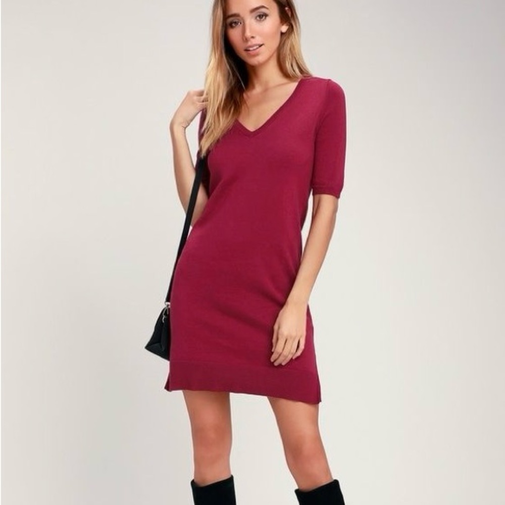 Lulus Berry Pink V-Neck Sweater Dress
